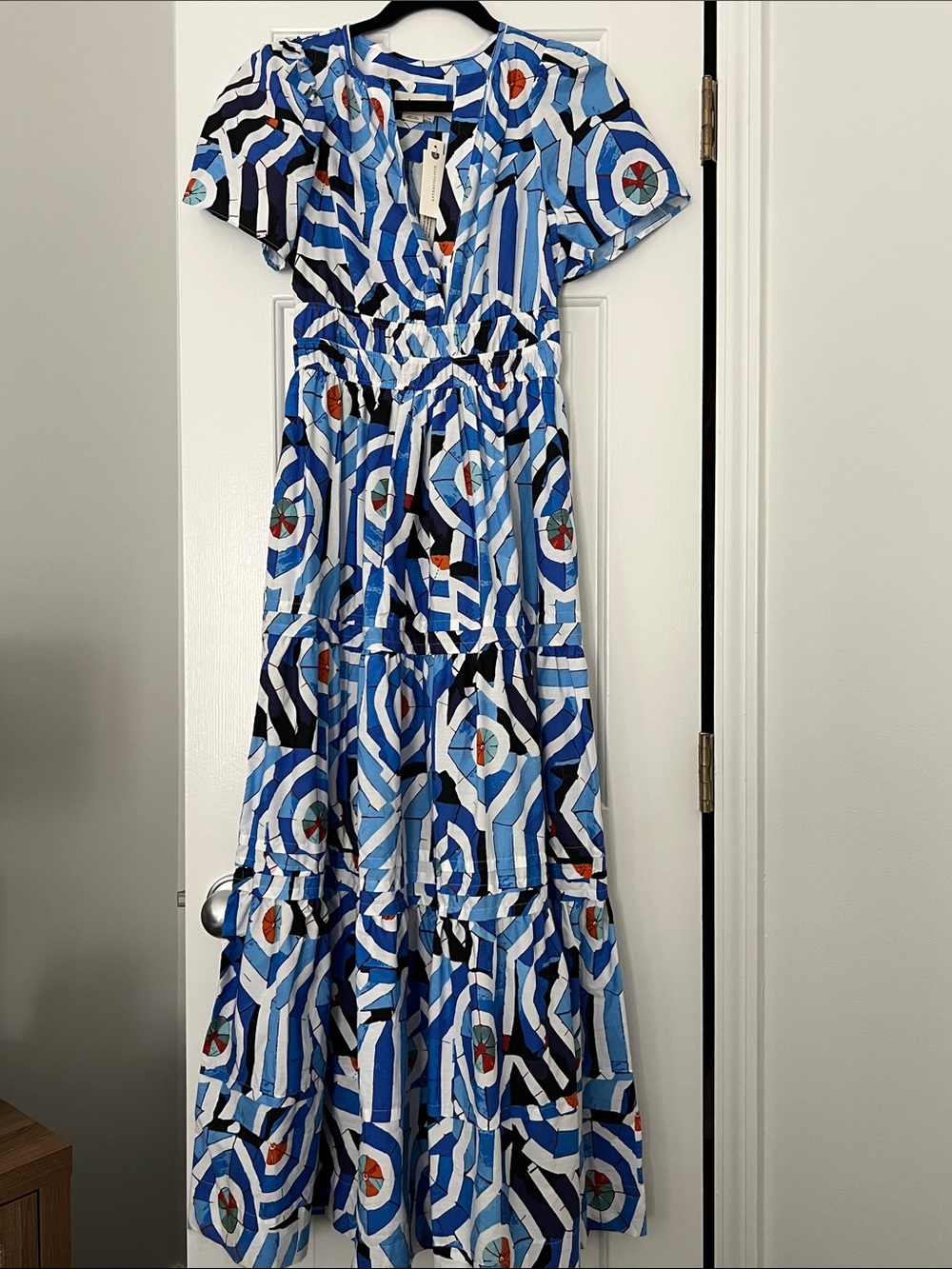 Anthropologie Somerset Dress Blue Geometric Tiered Maxi Dress